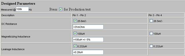 designed parameter for transformer