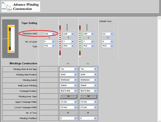 set thickness of winding